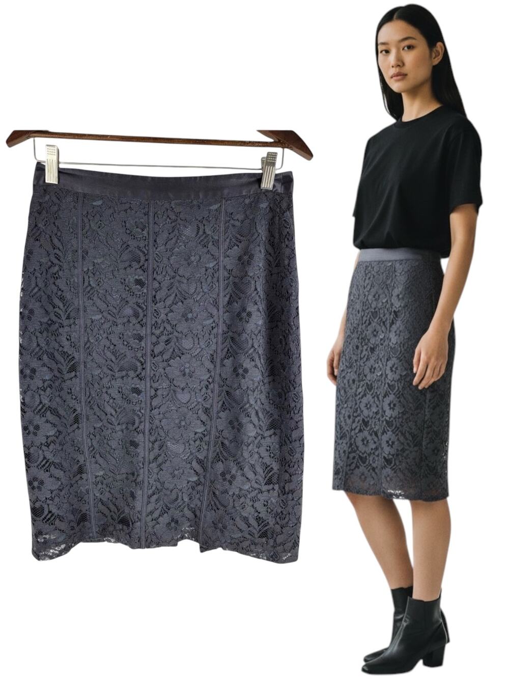 Club Monaco Floral Lace Silk Lining Pencil Skirt Black Size 6